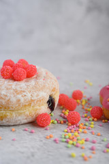 Donuts sprinkled with icing sugar and candy on a white background.