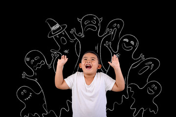The boy stood scared of many ghosts wanted