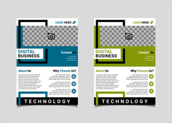 Business flyer template vector design, A4 brochure template blue and lime geometry shapes used for business poster layout, IT Company flyer, corporate banners, and leaflets