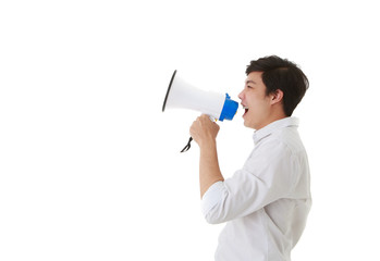 Smart asian man holding megaphone in left hand and shouting isolated on white background