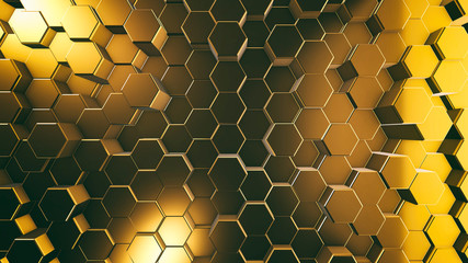 golden honeycombs, hexagon surface, abstract 3d background and texture, render image for internet design