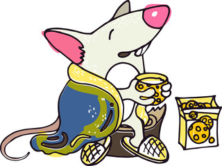 mouse symbol of the year wrapped in a blanket drinking tea with cheese cookies and sitting on a stump. Vector mouse with black stroke