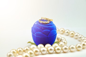 Jewellery set include pearl necklace, ring, earring and gemstone jewellery on white background. Banner of jewellery 