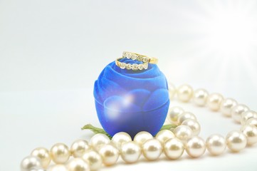 Jewellery set include pearl necklace, ring, earring and gemstone jewellery on white background. Banner of jewellery 