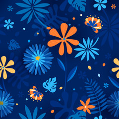 Fototapeta na wymiar Floral seamless pattern with blue and orange color.