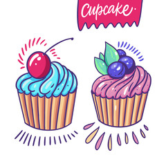 Cupcake with cherry and blueberry. Hand drawn vector illustration. Flat cartoon style.