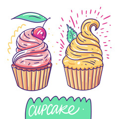 Sweet cupcakes set. Hand drawn vector illustration. Flat cartoon style.