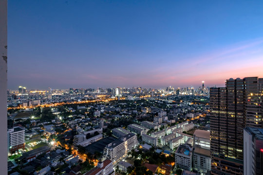 City view of the gigantic and densely populated capital of Thailand, Bangkok with its many residential and commercial skyscrapers and sprawling urban neighborhoods 