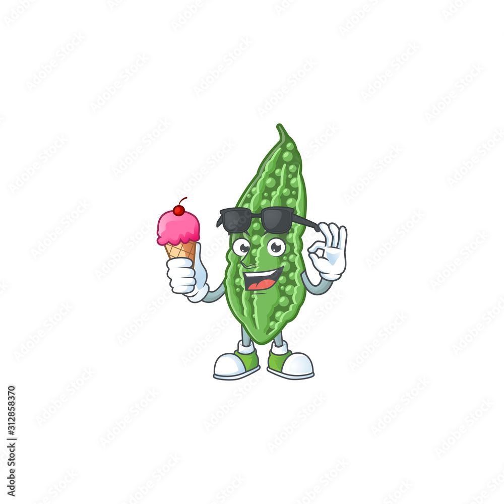 Sticker Cute bitter melon cartoon character with ice cream