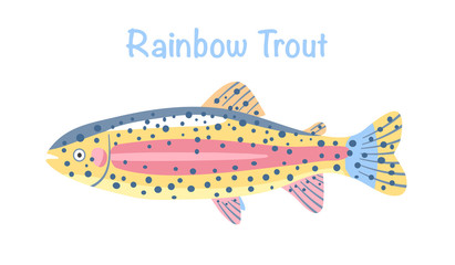 Hand drawn rainbow trout figure cartoon vector illustration on white background.