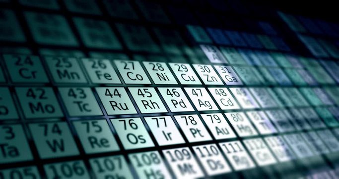 The Periodic Table of Elements passing by the camera in cinematic atmosphere - V6