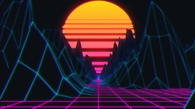 80s retro background loop animation. Retrowave horizon landscape with neon lights and low poly terrain.