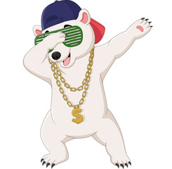 Cute polar bear dabbing dance wearing sunglasses, hat, and gold necklace