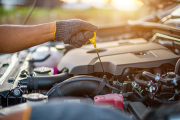 Fototapeta premium Hand of technician checking or fixing engine of modern car