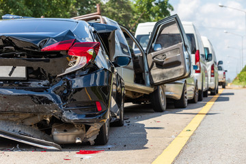 Modern car accident involving many cars on the road in Thailand