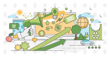Green marketing in outline concept. Sustainable and environmentally safe.