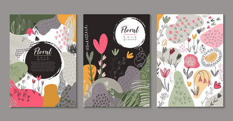 Set of vector modern artistic posters with hand drawn textures, heart shapes, flowers. Abstract romantic collage.