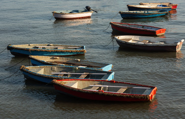 Boats docked in the Arabian Sea in Mumbai