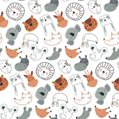 Tapeten Vektornahtloses Muster mit niedlichen Tiergesichtern im einfachen skandinavischen Stil. © Andrei