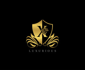 Golden X Letter Luxury Shield Logo Icon 