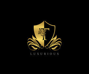 Golden T Letter Luxury Shield Logo Icon 