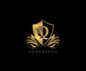Golden Q Letter Luxury Shield Logo Icon 