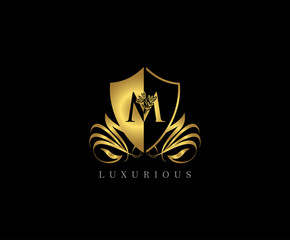Golden M Letter Luxury Shield Logo Icon 