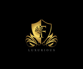 Golden F Letter Luxury Shield Logo Icon 
