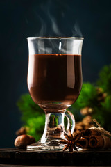 Hot chocolate with whipped cream and cocoa powder. Winter and autumn time. Christmas warm drink. Copy space