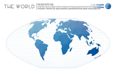Abstract world map. McBryde-Thomas flat-polar parabolic pseudocylindrical equal-area projection of the world. Blue shades colored polygons. Trending vector illustration.