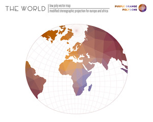 Fototapeta na wymiar Polygonal map of the world. Modified stereographic projection for Europe and Africa of the world. Purple Orange colored polygons. Awesome vector illustration.