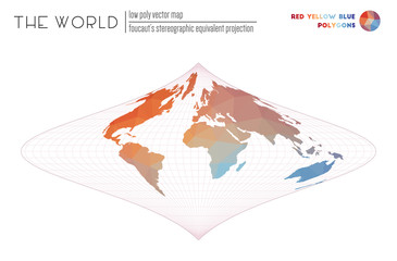 Abstract world map. Foucaut's stereographic equivalent projection of the world. Red Yellow Blue colored polygons. Contemporary vector illustration.