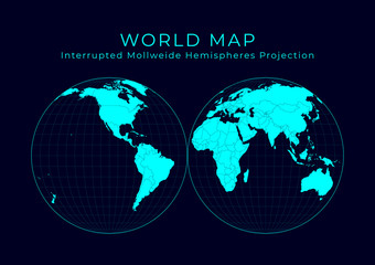 Map of The World. Mollweide projection interrupted into two equal-area hemispheres. Futuristic Infographic world illustration. Bright cyan colors on dark background. Cool vector illustration.
