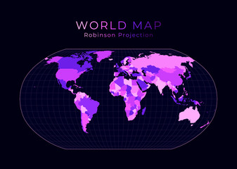 World Map. Robinson projection. Digital world illustration. Bright pink neon colors on dark background. Vibrant vector illustration.
