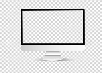 Realistic computer monitor with transparent and blank screen for you design. Device screen mockup. Isolated on white. Vector template eps10.