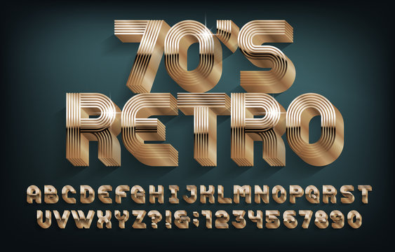 Retro 70s Alphabet Font. 3D Golden Letters And Numbers. Stock Vector Typescript For Your Design.