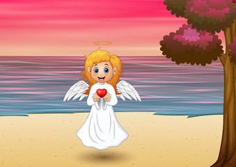 Obraz na płótnie Canvas Angel girl present a red heart on the beach