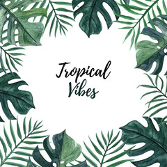 Tropical background with monstera and palm leaves, watercolor greenery illustration