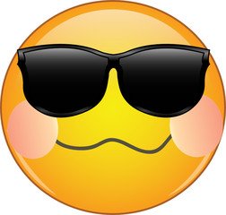 Cool drunken blushing emoji. Yellow face emoticon wearing sunglasses with a crumpled mouth, and blush on cheeks expressing drunken state of mind.