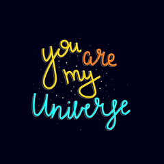 you are my universe. Hand drawing lettering with decoration elements on a neutral background. flat vector illustration. calligraphic font, phrase. design for print, postcard, poster