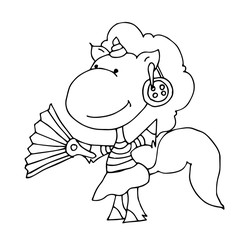 Coloring book for kids - unicorn fashionista with a fan in her hands and a button earring. Black and white cute cartoon unicorns. Vector illustration.	