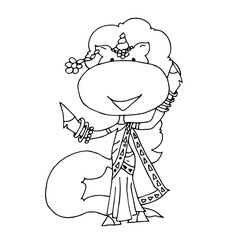 Coloring book for kids - unicorn in traditional indian clothing. Black and white cute cartoon unicorns. Vector illustration.	