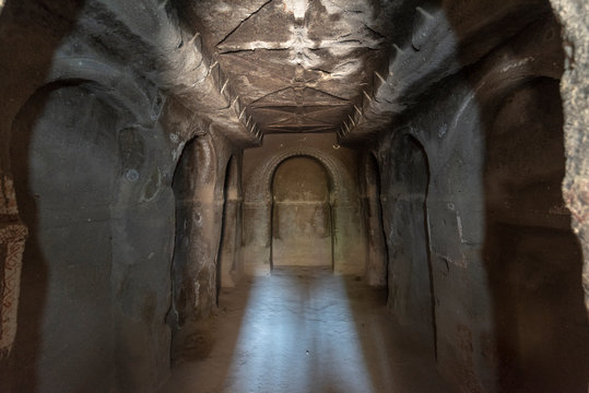 Inside a cave church at Belisırma. The village at the end of Ihlara Valley. The Monastery is one of the largest religious buildings. Cave formations in Cappadocia, Turkey. 