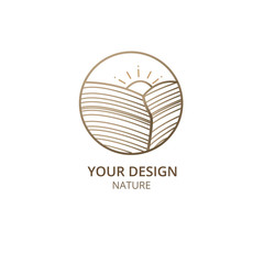 Mountain, fields with sun logo template. Vector linear wavy icon of landscape. Minimal emblem or badge for business emblems for a travel, tourism and ecology concepts, health, spa and yoga center.