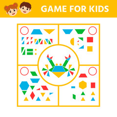 Education logic game for preschool kids. Connect the details and animals of geometric shapes. Preschool worksheet activity. Children funny riddle entertainment. Vector illustration