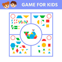 Obraz premium Education logic game for preschool kids. Connect the details and animals of geometric shapes. Preschool worksheet activity. Children funny riddle entertainment. Vector illustration