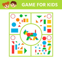 Education logic game for preschool kids. Connect the details and animals of geometric shapes. Preschool worksheet activity. Children funny riddle entertainment. Vector illustration