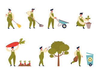 Man working in garden poses set. Growing and care of plants in garden, cleaning garbage, tree pruning. Professional gardener. Gardening concept