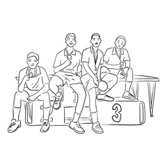 four male table tennis players with medals sitting on winner podium vector illustration sketch doodle hand drawn with black lines isolated on white background