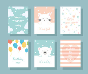 Set of vector cute greeting cards for kids with text.